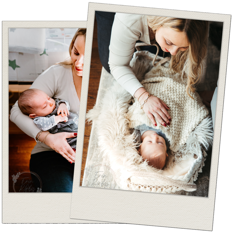 Two instant photo slides. The one on the left shows a mother holding a newborn. The one on the right shows a mother leaning over a bassinet, filled with blankets, and a newborn wrapped in a beige knit blanket.