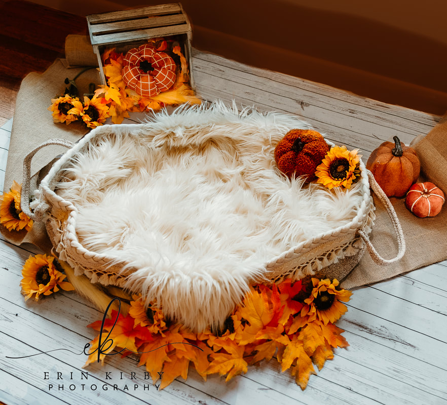 A picture of a fall newborn photo set. A white wood floor panel covered in autumn leaves, sunflowers, and burlap. A crate with leaves and a pumpkin sits in the top left corner. A bassinet with a furry mat sits in the center of the frame. 